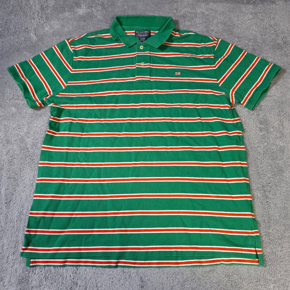 Polo Jeans Co Ralph Lauren Mens XL Polo Shirt Green Orange Striped Flag Logo